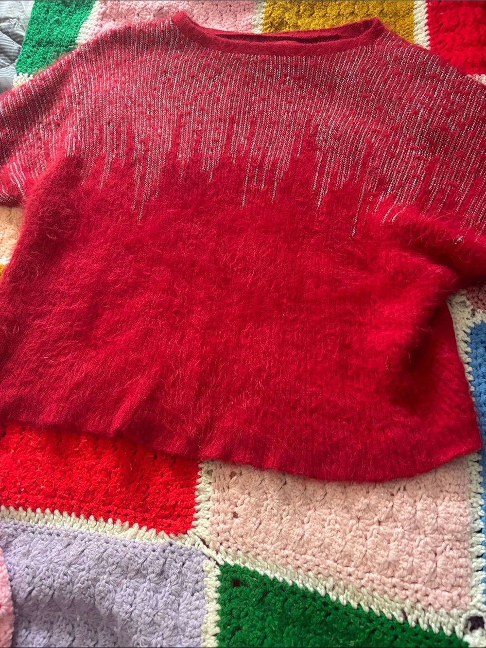 Jennifer Lopez Red Fuzzy Crewneck Sweater with Silver Threading